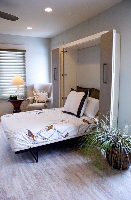 Современный дизайн спальни в светло-серых тонах
